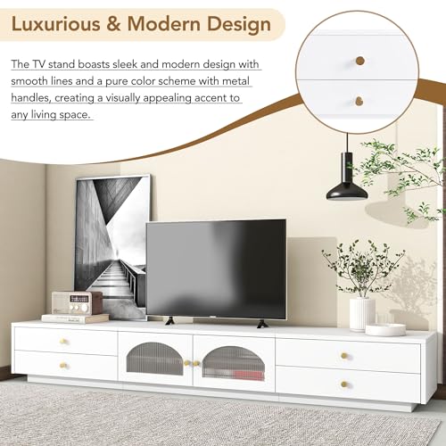 Luxury Minimalism Stand 85",TV Table with Open Storage Shelf, Entertainment Center with Cabinets and Drawers, Practical Media Console for Living Room, Black-6