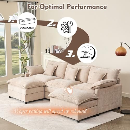 108" U Shaped Couch, Modular Sectional Sofa, 3-Seater Comfy Cloud Couch with Movable Ottoman, Deep Seat Couches for Living Room, Chenille, Black
