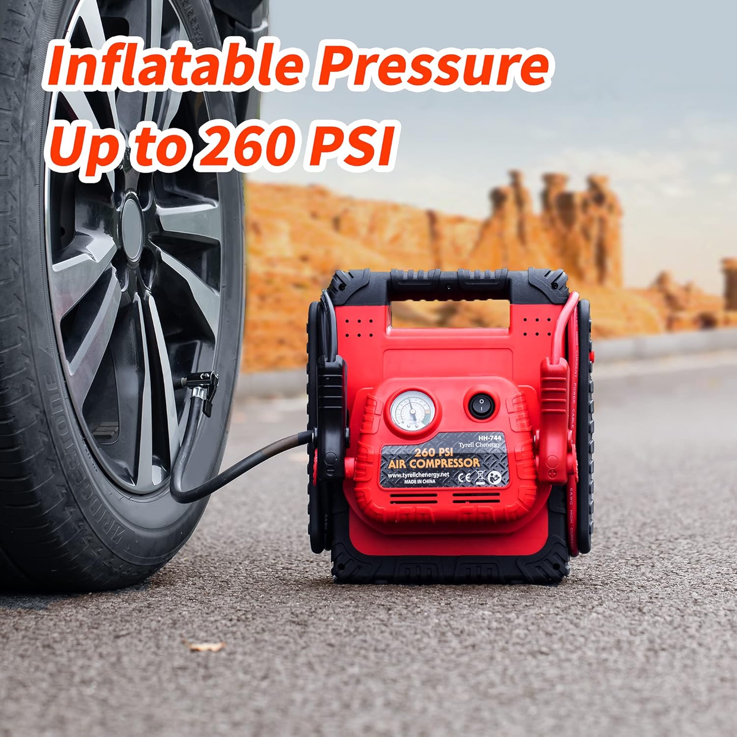 Jump Starter 1200Amp 12V Car Starter Power Station with 260 PSI Air Compressor 5V/2.1A USB DC Sockets 12V for Your Outdoor Trip