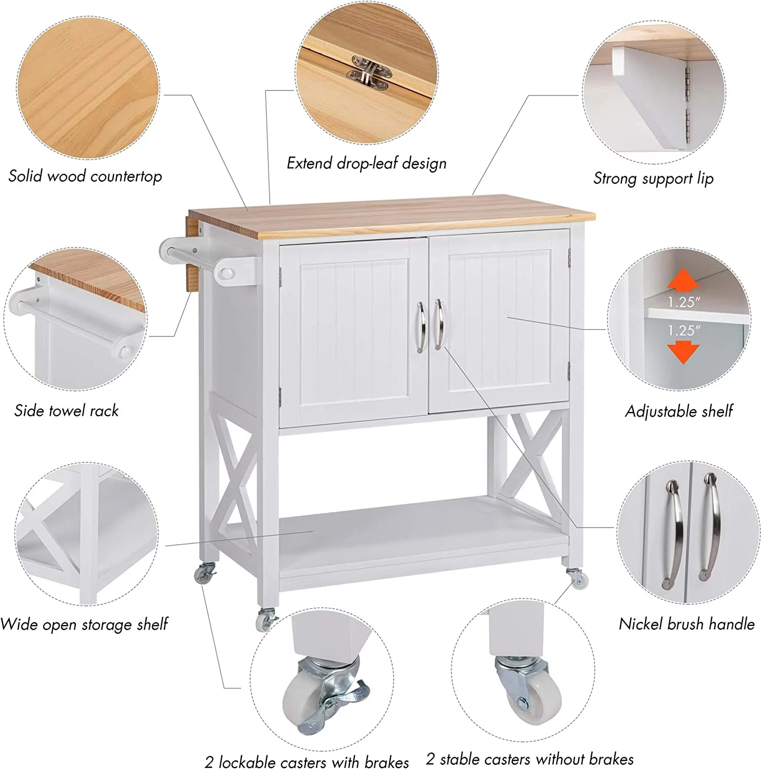 Spirich Home Kitchen Island on Wheels, Rolling Cart with Storage Cabinet, Small Kitchen Island with Drop Leaf and Towel Rack for Dining Room, White