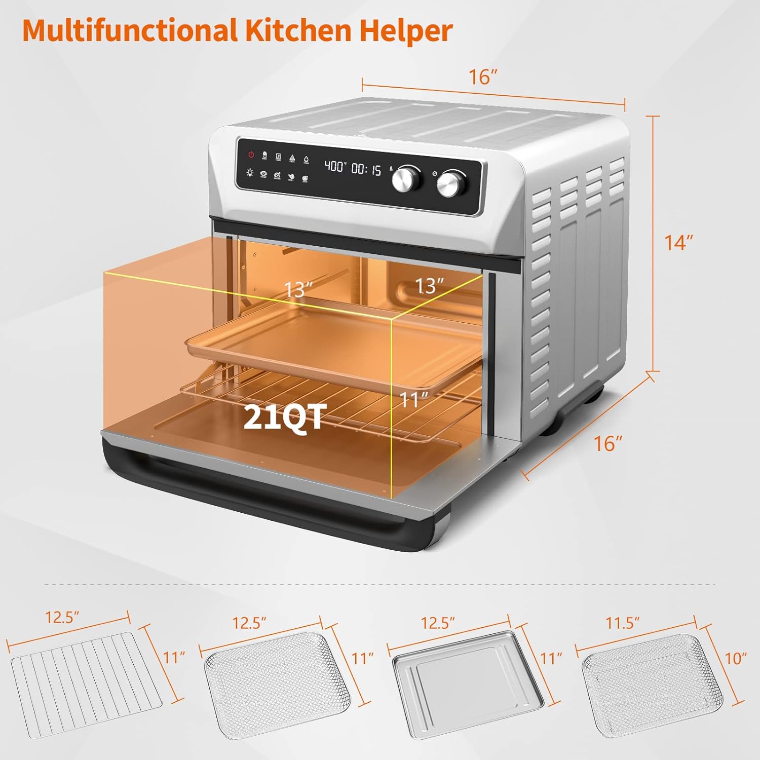 COSTWAY Air Fryer Toaster Oven, 21 QT Toaster Oven Air Fryer Combo with 8 Preset Functions, Smart Control Panel & LCD Display, Reminder Ring, Crumb Tray, 5 Accessories & Recipe Included, 1800W, Silver
