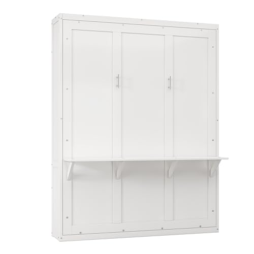 Full Size Murphy Bed with Desk Combo,61.5-inch Wood Cabinet Bed,3 in 1 Folding Wall Bed Murphy beds for Guest Room/Study/Office(White)