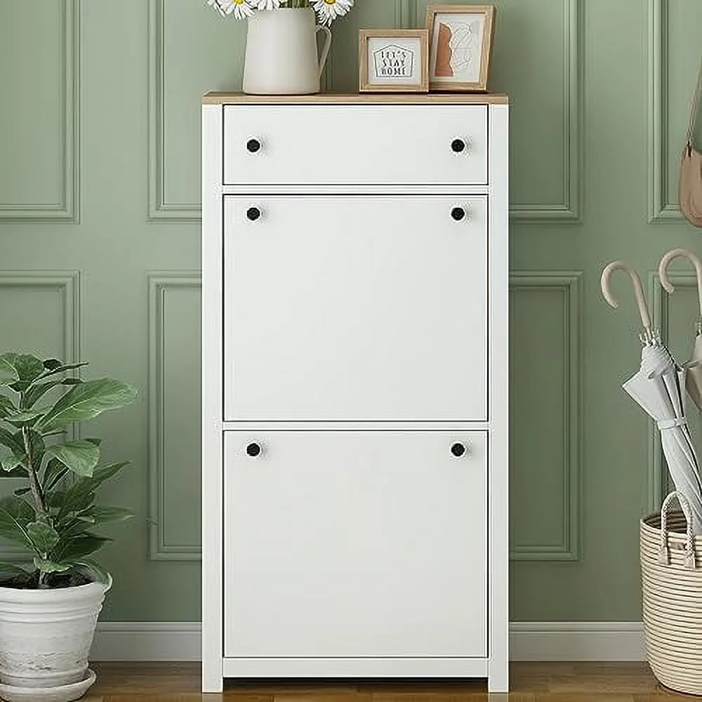 HOOMHIBIU Slim Shoe Cabinet with 2 Flip Drawers White Narrow Wall Hidden Shoe Cabinet  Freestanding Shoe Rack  Cabinet Organizer for Entrance Hallway White