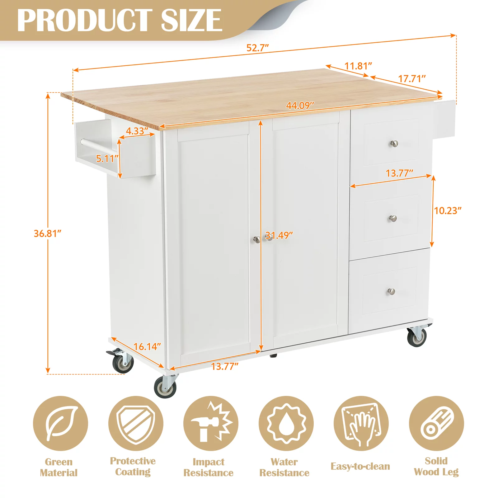 53 inch Portable Kitchen Island with Drop Leaf, Rolling Kitchen Island with Storage,White