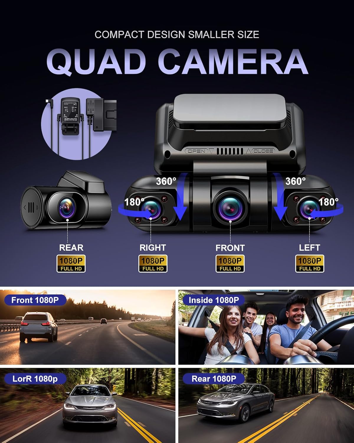 PRUVEEO Dash Cam, 4 Channel Front and Rear Inside Left Right, Microwave Radar Motion Detection Parking Mode Monitoring, Built-in GPS WiFi, Free 128GB Card, D90-4CH-RGW