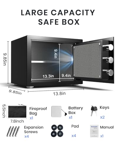 Biometric Safe, Fingerprint Home Safe Box with Fireproof Waterproof Bag & Key, 1.4 Cu ft Security Money Safe for Cash, Jewelry, Valuables, Digital Electronic Keypad, Dual Alarm System, Cabinet safe