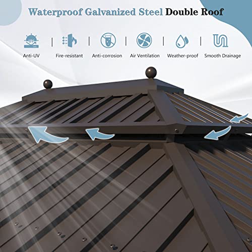 MELLCOM 12'x16' Hardtop Gazebo, Galvanized Steel Metal Double Roof Canopy with Curtains and Netting, Brown Permanent Pavilion Gazebos with Aluminum Frame for Garden, Patio, Lawns, Deck