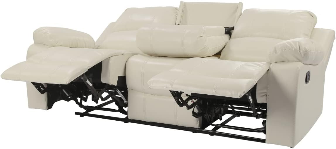 Pannow Double Recliner Loveseat with Console Slate, Double Reclining Sofa with Cup Holder, 3-Seater with Flipped Middle BACKREST Beige Air Leather, Theater Seating Furniture Sofa Bed