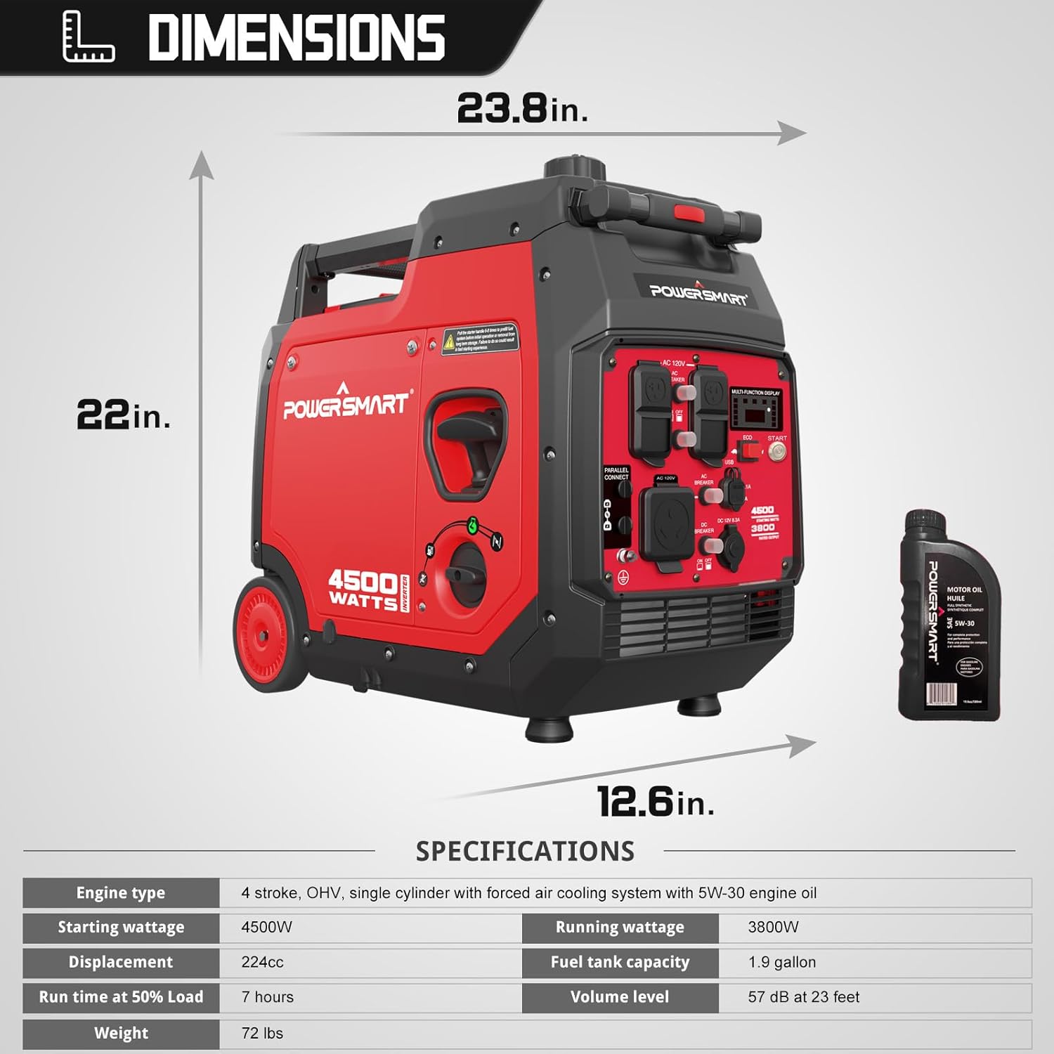 PowerSmart 4500-Watt Super Quiet Portable Inverter Generator with Electric Start, Gas Powered, RV-Ready, Parallel Capable, Engine Oil Included, Generator for for Camping CARB Compliant