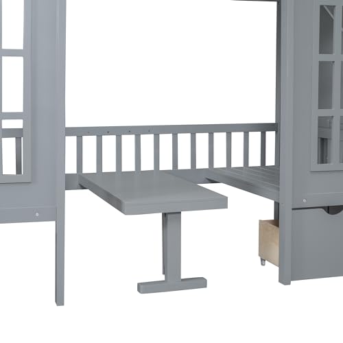 Full Over Full Bunk Beds with Stairs for Kids/Teens, Wooden Convertible Bunk Bed with 2 Storage Drawers, Down Bed Can be Turned Into Desk and Seat, White