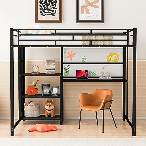 Merax Full Size Mental Loft Bed Frame with Desk and Whiteboard,3 Shelves and Ladder for Bedroom for Boys Girls Adult,Black