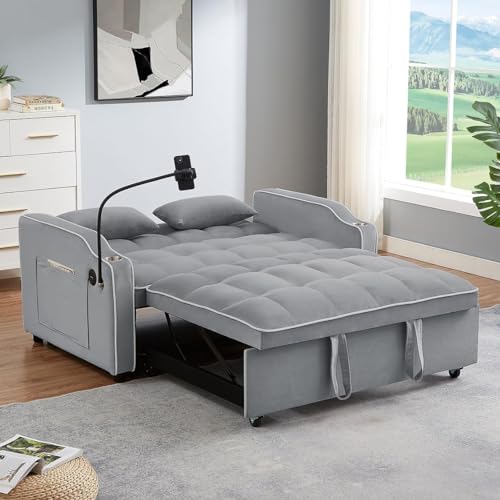 3-in-1 Convertible Sofa Bed - Modern Velvet Sleeper Sofa Chair Bed with Pull Out Bed, Adjustable Backrest, Chaise Lounge with USB Ports, Cup Holder, Side Pocket and Pillows (Black)