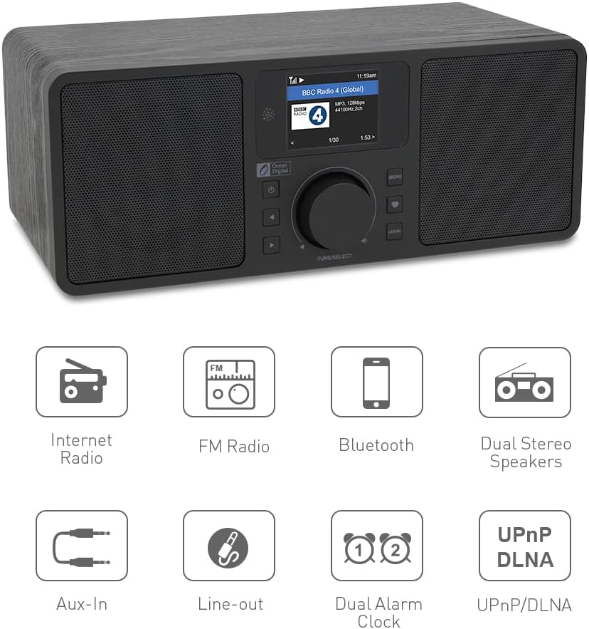 Ocean Digital WiFi/FM Internet Radio WR230SF Alarm Clock Radio with Bluetooth Receiver, Stereo Speakers, 30,000+ Stations, 2.4" Color Display- Black in Wooden Case