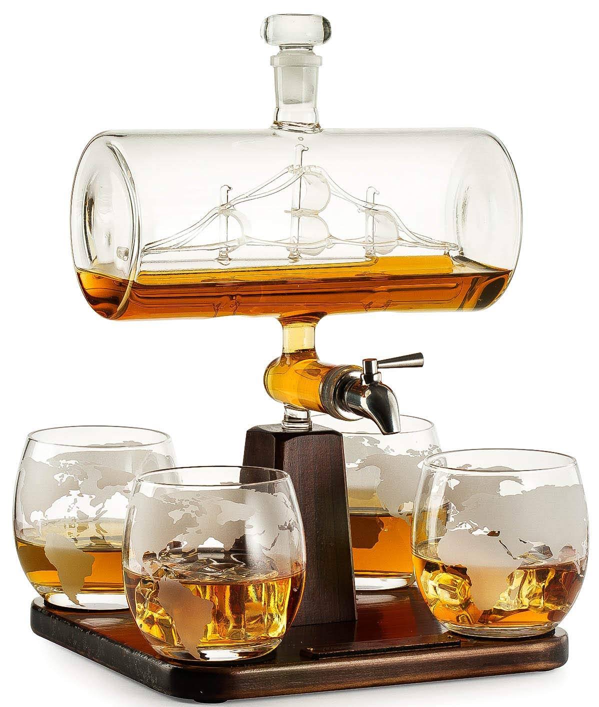 Whiskey Decanter with Antique Ship - The Wine Savant Ship Decanter Set with 4 Globe Glasses, Drink Dispenser for Wine, Whiskey D