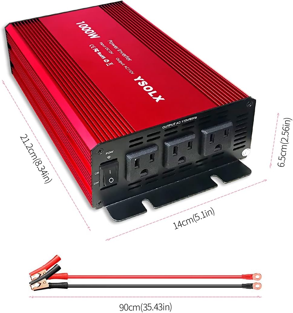 Power Inverter 12v to 110v, Dc to Ac Converter with 3 AC Outlets, 1000 watt Inverter for Car/RV/Home