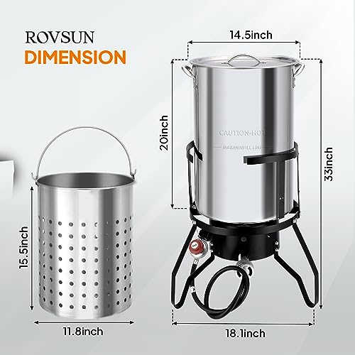 ROVSUN 60QT Turkey Fryer with Aluminum Boiler Steamer Basket & 150,000BTU Propane Burner, Outdoor Gas Deep Fryer & Seafood Crawfish Boil Pot Set with High Pressure Propane Regulator and Hose