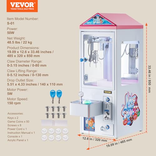VEVOR Claw Machine, 0-3” Jaw Diameter 0-5” Jaw Lifting, Crane Prize Grabber Commercial Arcade Game Toys, Cool Fun Grab-and-Win Machine w/Light and Sound, Dispenser Vending Toy for Kids,Boys &Girls