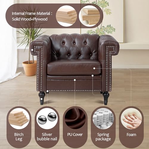 Chesterfield Chair Leather, Square Arm Tufted Back Upholstered Single Sofa Chair, Club Armchair With Nailheads and Solid Wood Legs, Chesterfield Chair for Living Room Office Reading Room (Brown)