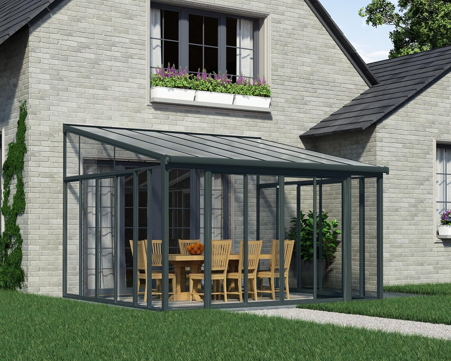 Palram - Canopia SanRemo 13x14 Enclosed Patio Cover with Screen Doors, Gray DIY Sunroom Kit Lean to Gazebo with Walls to Cover Patio Furniture, Deck, & Porch, UV Protected Polycarbonate Shelter