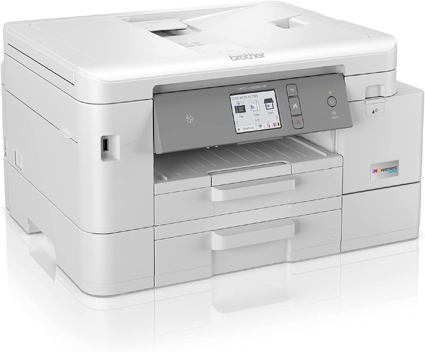 Brother MFC-J4535DW INKvestment Tank All-in-One Color Inkjet Printer with NFC, Auto 2-Sided Printing, Print Scan Copy Fax, Built-in wireless, 4800 x 1200 dpi, White - Bundle with JAWFOAL Printer Cable