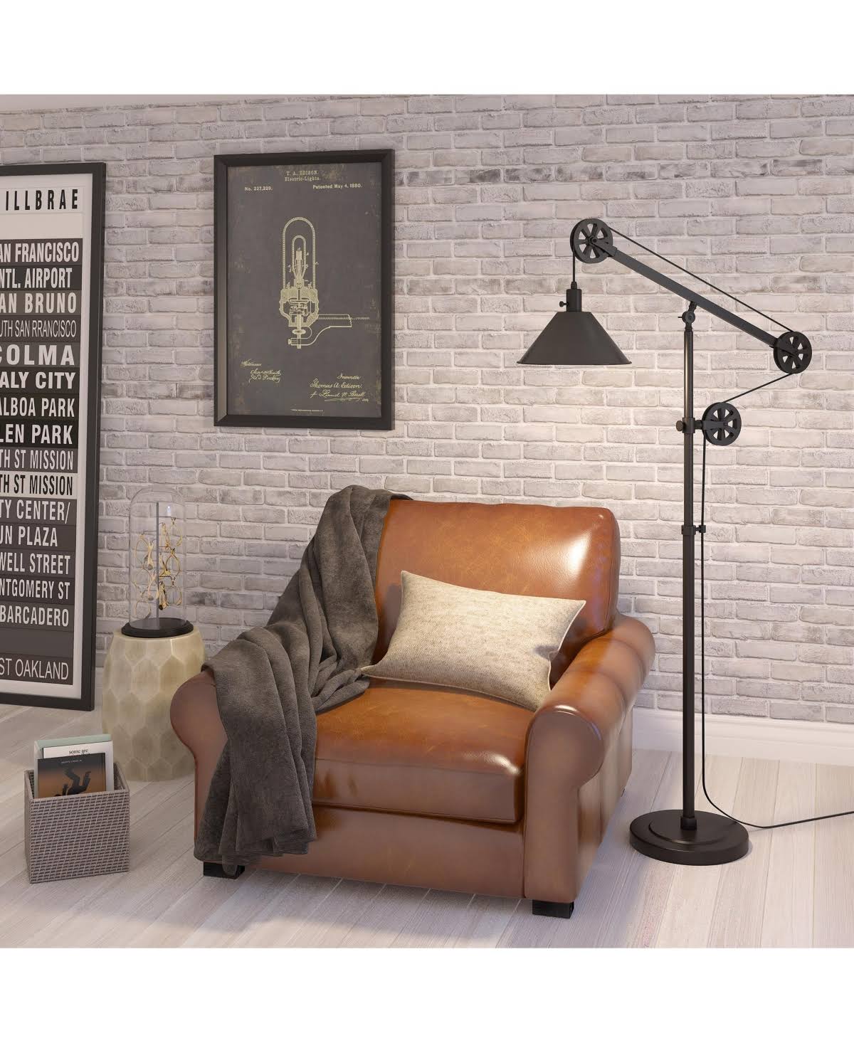 Descartes Industrial Farmhouse Floor Lamp in Blackened Bronze with Pulley System