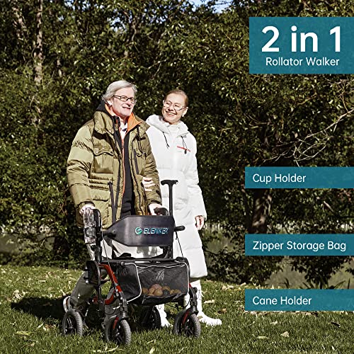 ELENKER All-Terrain 2 in 1 Rollator Walker & Transport Chair, Folding Wheelchair with 10” Non-Pneumatic Wheels for Seniors, Reversible Backrest & Detachable Footrests, Blue