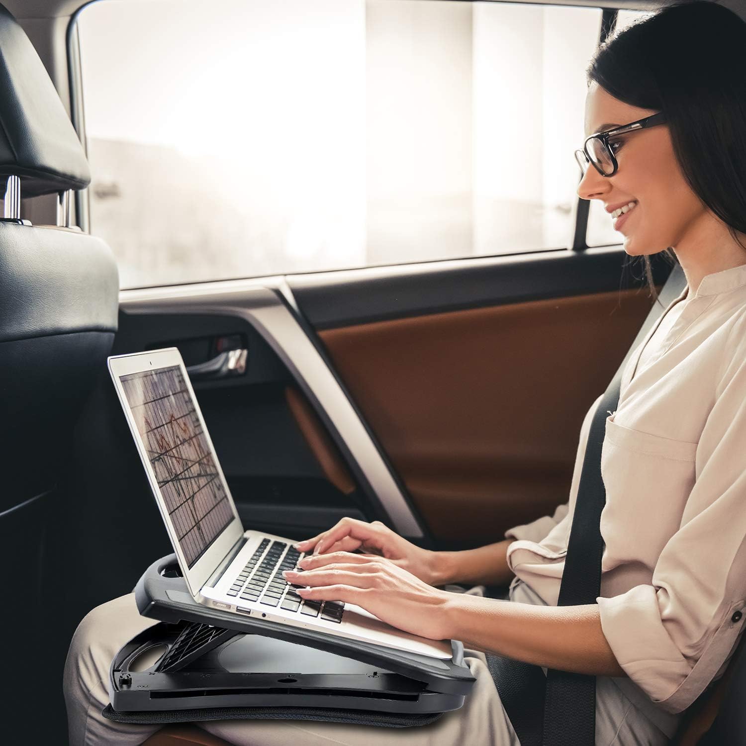 HUANUO Lap Desk with Cooling Fan, Laptop Lap Desk with 5 Adjustable Angles, Laptop Desk Fits 15.6 Inch Laptops, Lap Laptop Stand for Car with Detachable Mouse Pad & Mesh Cushion Lap Desk Writing Board