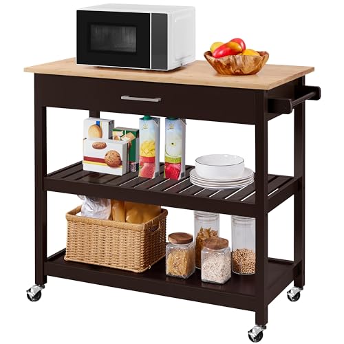 Yaheetech Kitchen Island Cart on Wheels with Bamboo Tabletop, 3-Tier Rolling Kitchen Island Microwave Cart with Drawer, Detachable Towel, 3 Hooks, 17" D x 37.5" W, White