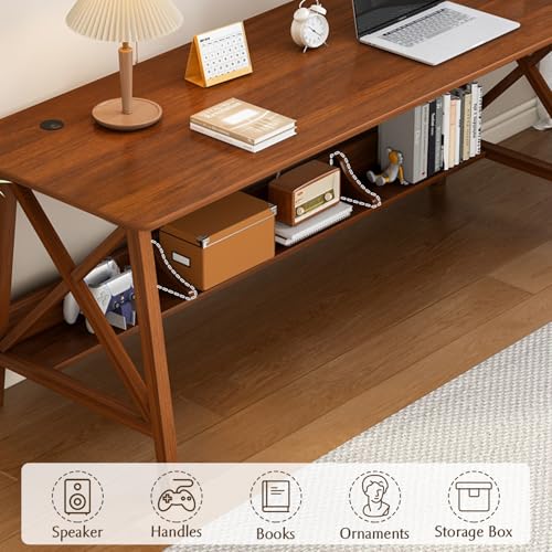 Extra Long Desk with Bookshelf - Solid Wood Home Office Work Study Table, 2-Person Writing Computer Workstation with Storage Shelf in Walnut, 55" Wx20 Dx30 H