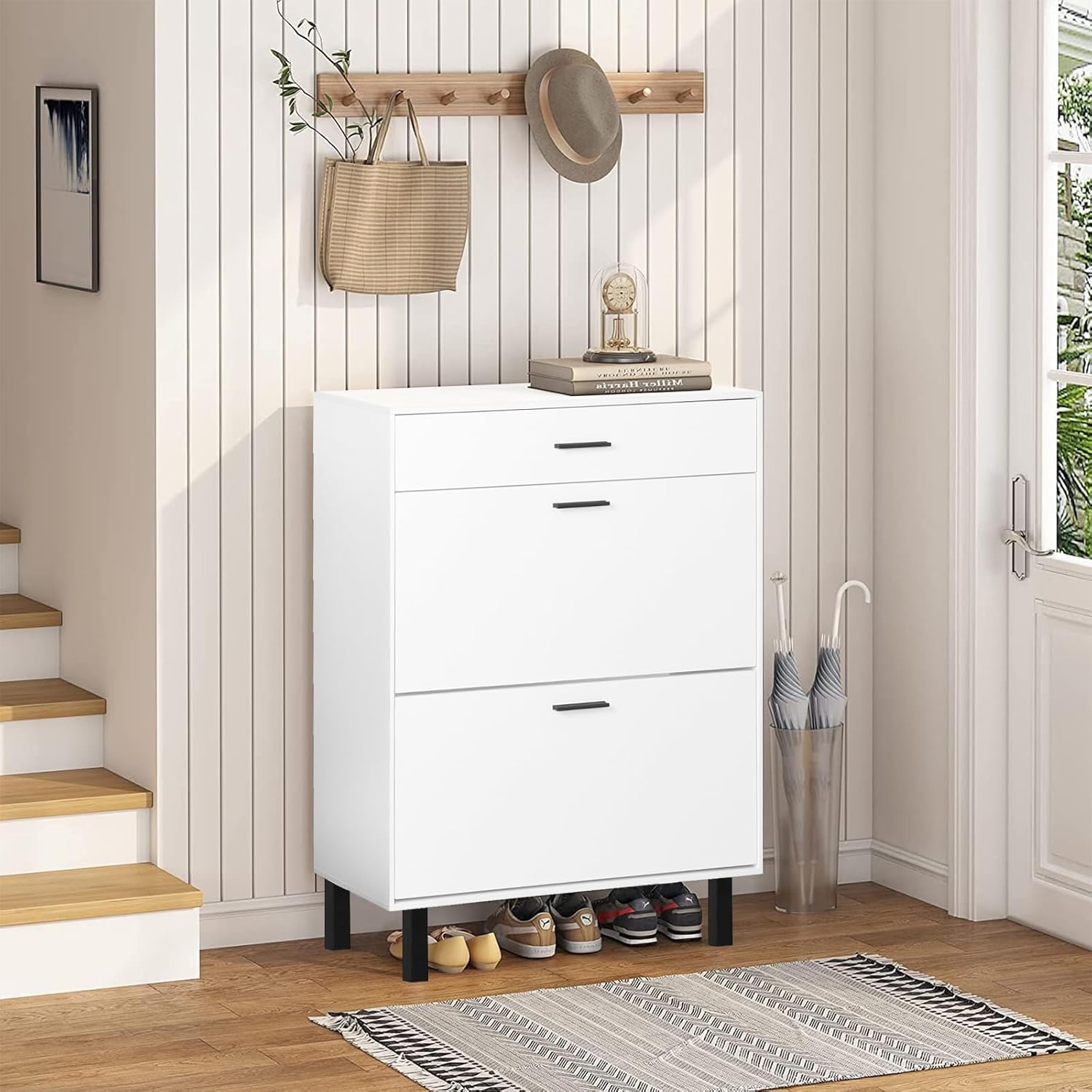 Slim Shoe Cabinet with Doors Wooden Free Standing Shoe Rack with 2 Flip Drawers Modern White Shoe Storage Cabinet with Drawer for Entryway Hallway Living Room Bedroom Apartment