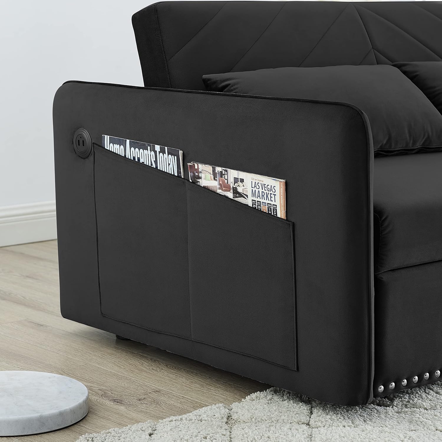 DHHU Convertible, 3 in 1 Velvet Loveseat Sleeper Sofas Couch with Pull Out Beds, Small Love seat with Adjustable Backrest, Lumbar Pillows & Side Pocket for Living Room, Black