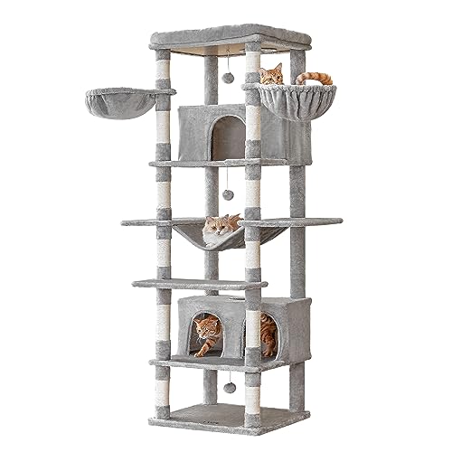MWPO Extra Large Cat Tree, 77.6-Inch Tall Cat Tower for Indoor Cats with 2 Large Condos, Multi-Level Cat Stand for Large Cat with 3 Hammocks, Wide Perch, Scratching Posts, Dangling Toys, Beige