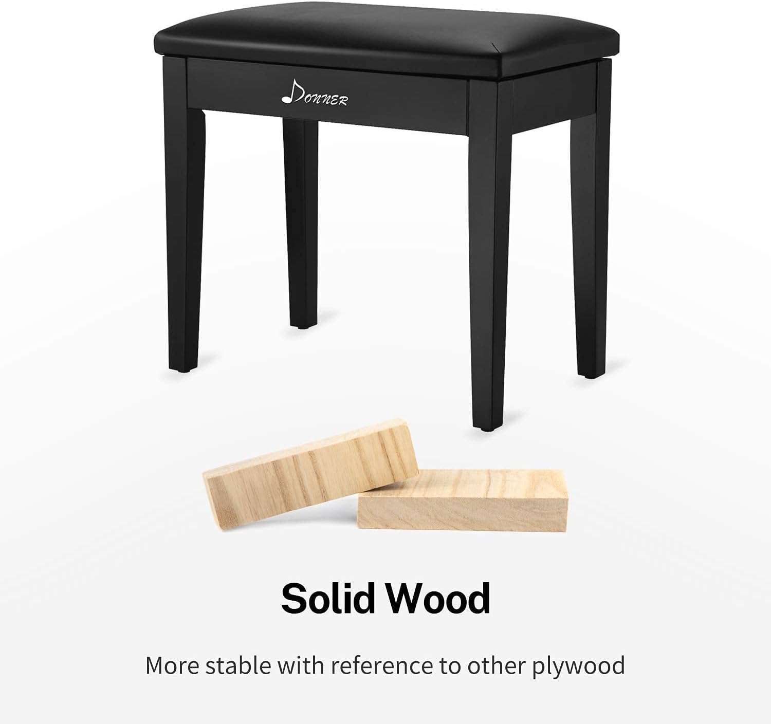 Donner Piano Bench with Storage, Solid Wood Keyboard Bench Piano Bookcase Stool Chair Seat with High-Density Sponges Pad, Black