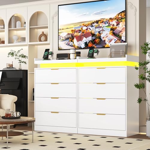 White Dresser with LED Lights, Wooden LED Dresser, 4 Drawer Chest with Charging Station, Tall Chest of Drawer Closet Organizer for Bedroom, Living Room, Entryway, Hallway