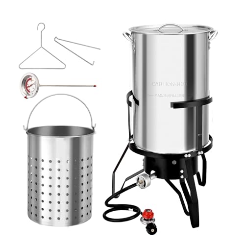 ROVSUN 60QT Turkey Fryer with Aluminum Boiler Steamer Basket & 150,000BTU Propane Burner, Outdoor Gas Deep Fryer & Seafood Crawfish Boil Pot Set with High Pressure Propane Regulator and Hose