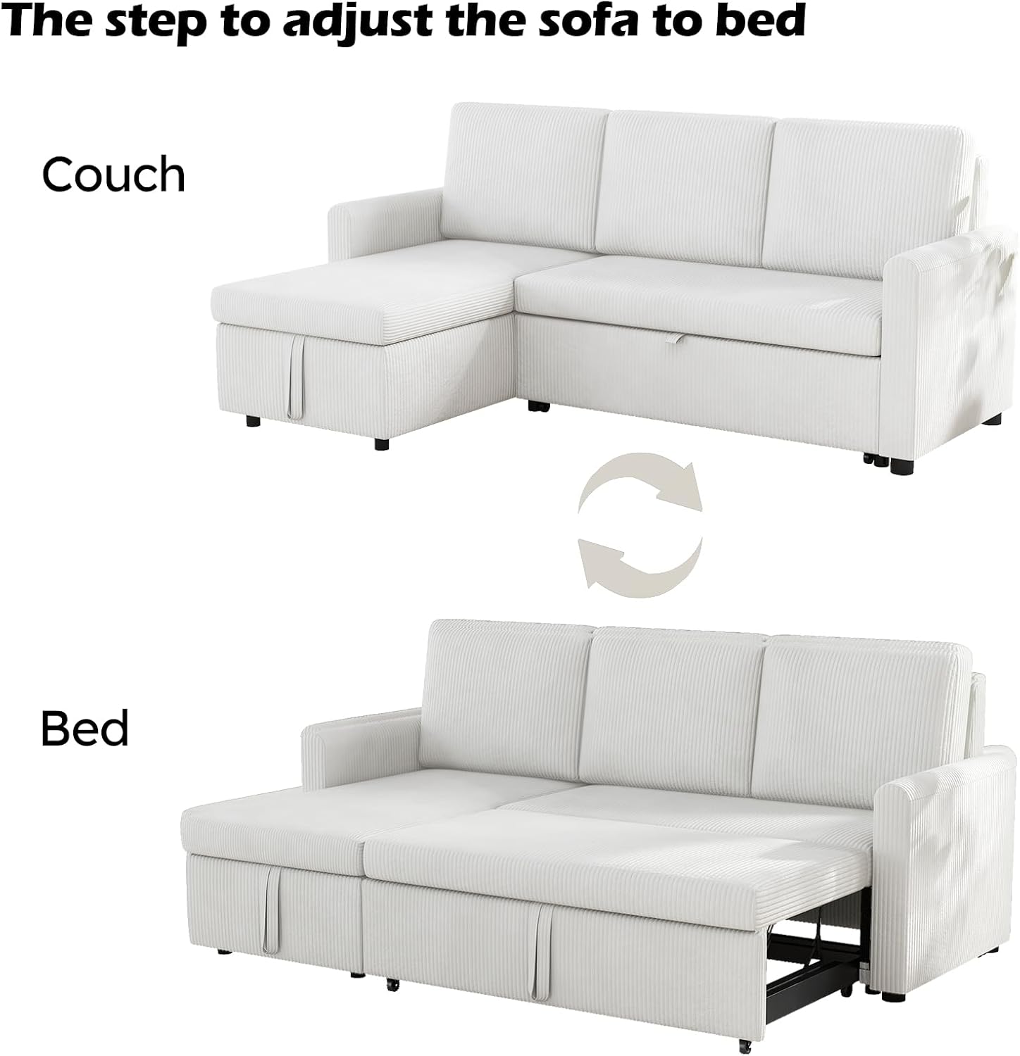 Convertible Sleeper Sofa Bed 3 in 1, Soft Corduroy L-Shaped Couches for Living Room, Small Pull Out Sectional Futon Sofa Bed with Storage Chaise and 2 Pillows, for Small Space Apartment, Beige
