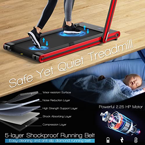 Goplus 2 in 1 Folding Treadmill, 2.25HP Electric Under Desk Treadmill W/LED Display, Blue Tooth Speaker, APP & Remote Control, Phone Holder, Walking Running Machine for Home Office Gym