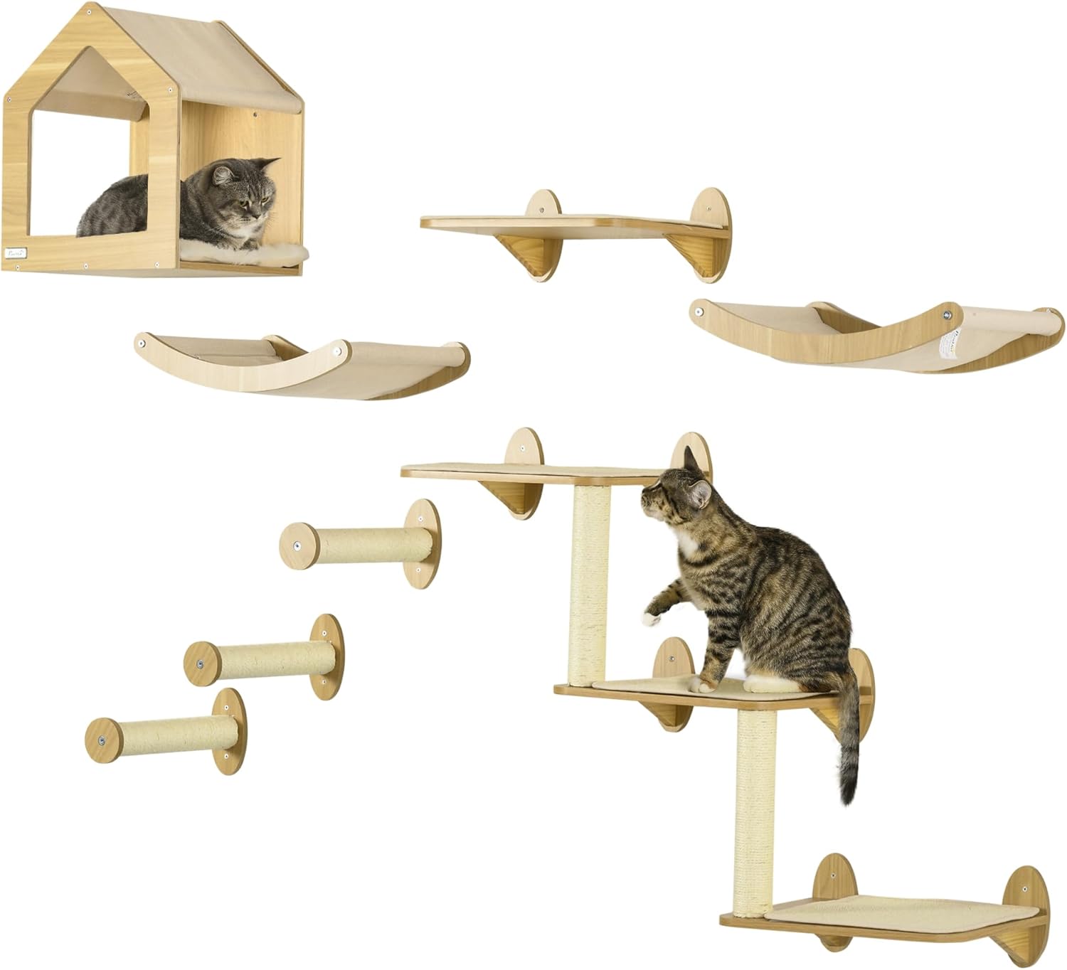 PawHut 8Pcs Wall Mounted Cat Tree Cat Shelf Set, Cat Wall Furniture with Cat Hammocks, Condo, Perches, Steps, Modern Cat Tree for Indoor Cats
