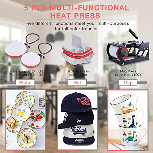 Heat Press Machine 5 in 1 Combo Heat Press 12 x 15 Inch Heat Transfer Machine 360-Degree Swing Away Digital Shirt Printing Multifunction Heat Transfer Sublimation for T Shirts Mugs Hat Plate Cap