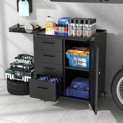 Metal Storage Cabinet with Wheels, Lockable Garage Cabinet with Doors and Shelves, Rolling Tool Storage, Assembly Required, Black
