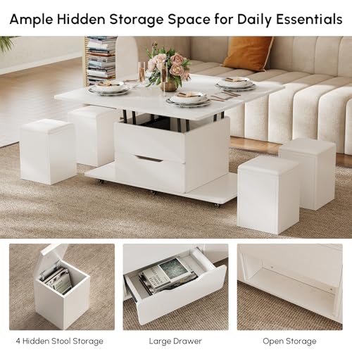 homary Black Lift-Top Coffee Table with Hidden Storage, 3-in-1 Modern Folding Center Table with 4 Stools, Casters, and Lockable Wheels – Convertible Dining & Office Table for Living Room