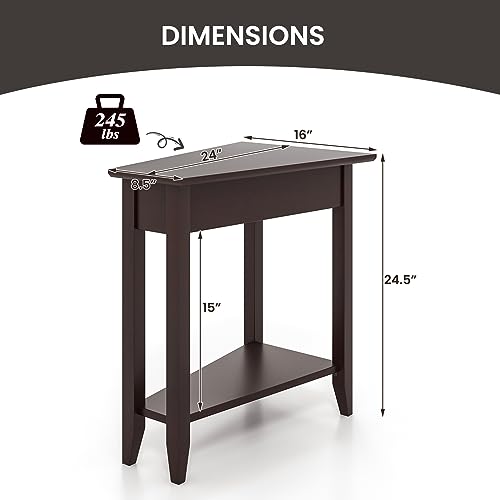 GOFLAME 2-Tier Wedge End Table Set of 2, Narrow Triangle Side Table with Storage Shelf, Solid Wood Legs, Nightstand, Recliner Wedge Table for Living Room, Bedroom, Small Space, White
