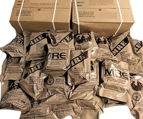 MRE Meals Ready to Eat A and B bundle cases 2025, 2026 inspection. Genuine Military US surplus emergency food bulk supply full box with heater
