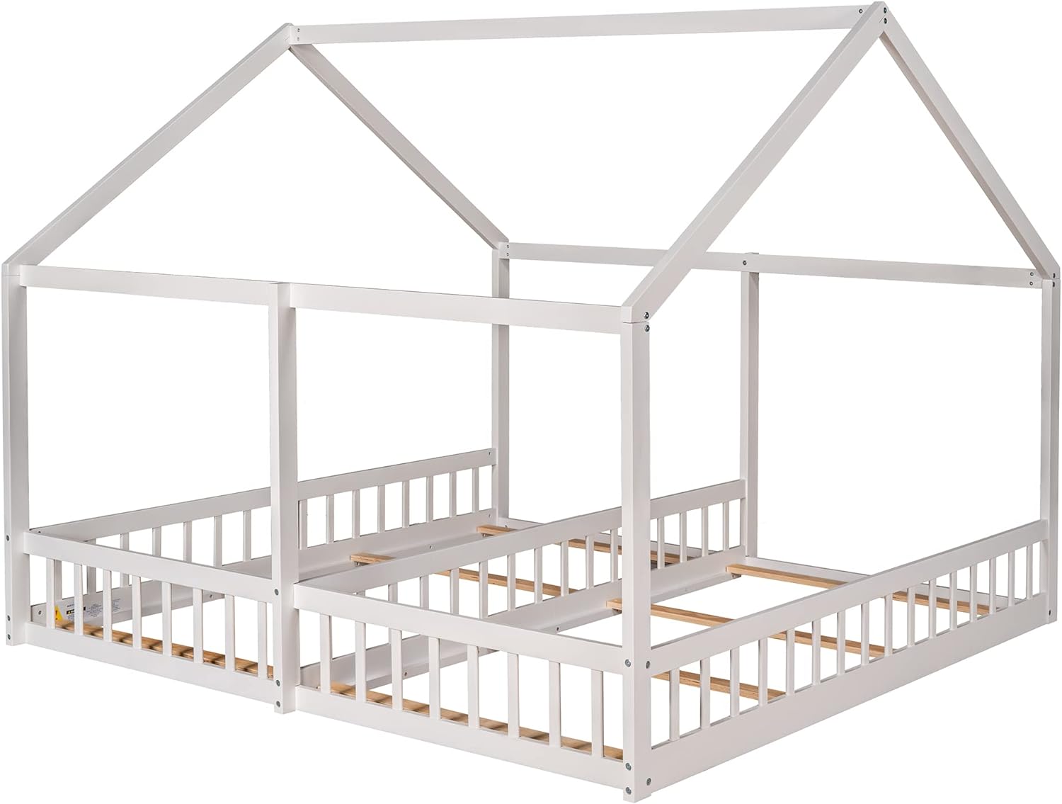 House Bed For 2 Kids, Double Shared Size Beds, Wooden Toddler, Montessori, Floor, Teens, Boys & Girls, Can Be Decorated Tent (Double, White)