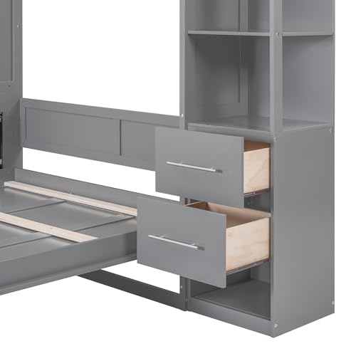 Queen Size Murphy Bed Wall Bed with Shelves,Multifunctional Easy Fold Wood Wall Bed with Drawers and LED Lights for Guest Room Home Office,Space-Saving Murphy Bed Cabinet (Gray-AB91)