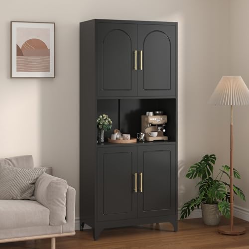 Kitchen Pantry Cabinet with Acrylic Glass Doors, 75" Metal Kitchen Hutch with Countertop, Adjustable Shelves, Freestanding Food Pantry Cabinet for Living, Dining Room, Black, Assembly Required
