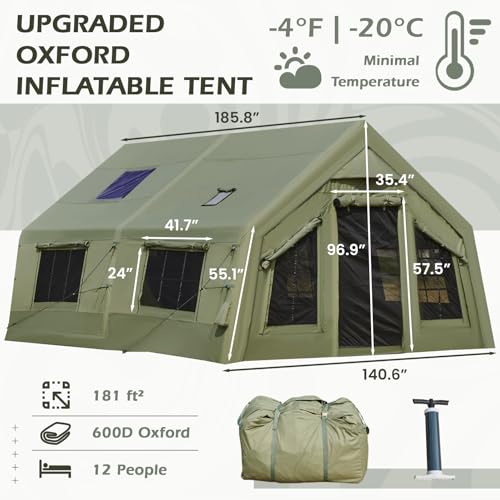 YOLENY Inflatable Tents for Camping, 4/6/8/10/12 Person Tent with TPU Skylight, Mesh Windows, Stove Jack & Pump, Easy Setup 4 Season Glamping Tent, Waterproof & Windproof