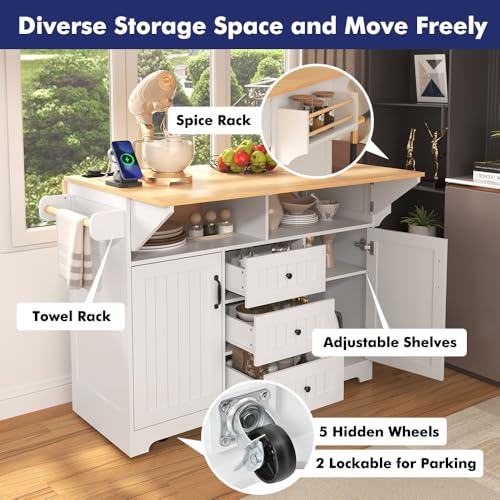 Rolling Kitchen Island with 2 Drop Leaf and Power Outlet, Island Table on Wheels with Towel Rack and Spice Rack, Kitchen Cart with Storage Cabinet and Drawers (White)