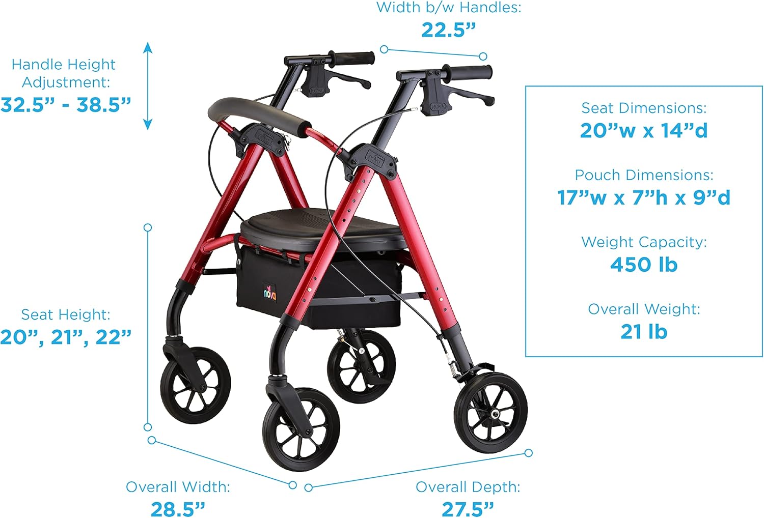 NOVA Medical Products Star 8 DX Heavy Duty Extra-Wide Rollator, 450 lb. Weight Capacity, Red
