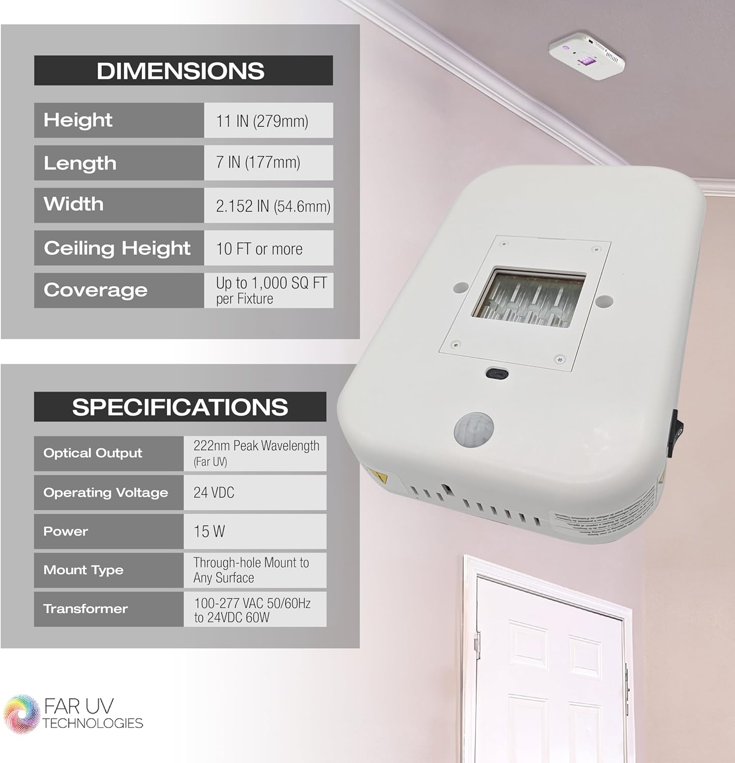 Far UV Technologies Krypton-36 Far UV 222nm Ceiling Mount or Wall Mount UV Light Air Cleaner